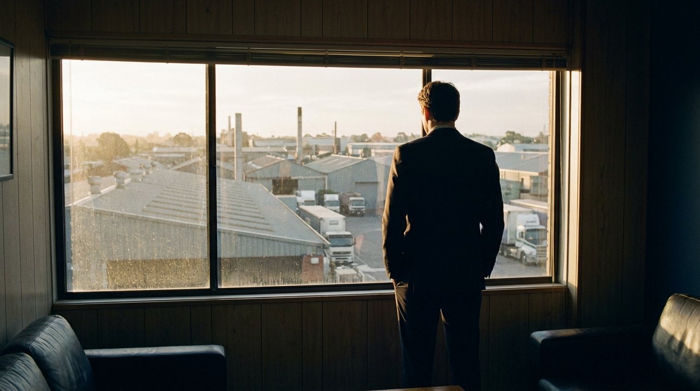 Executive looking out over an industrial estate at dawn