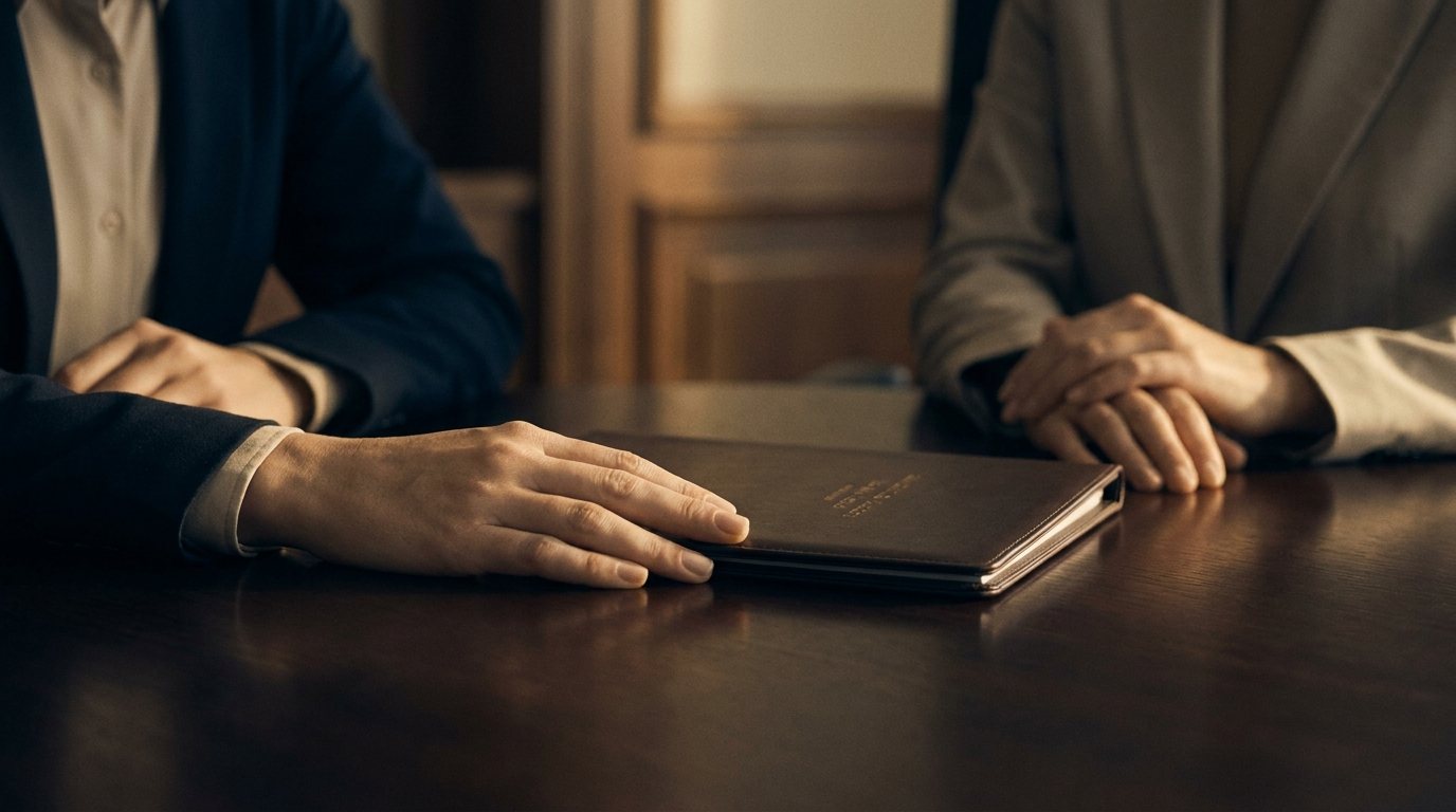Hands resting on a document folder at a boardroom table