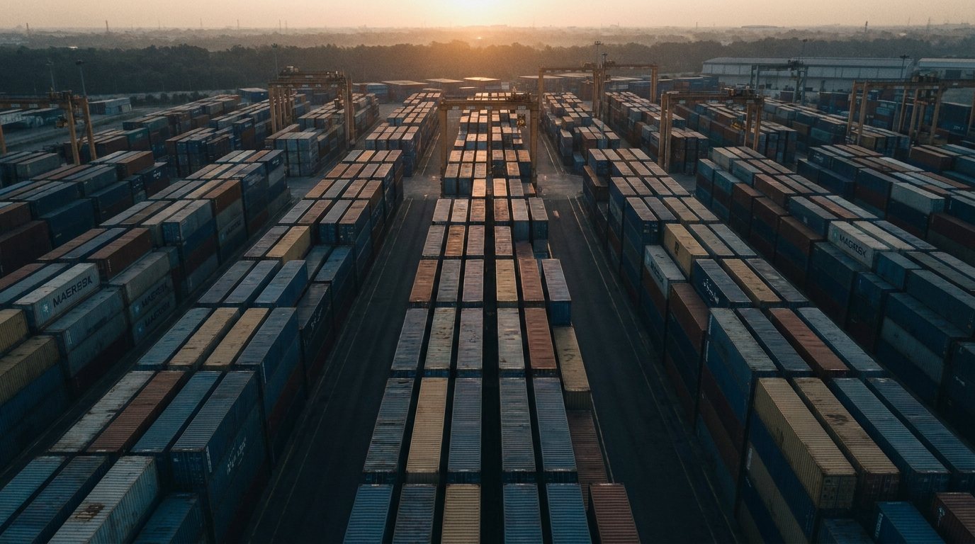 Aerial view of a container port at dawn