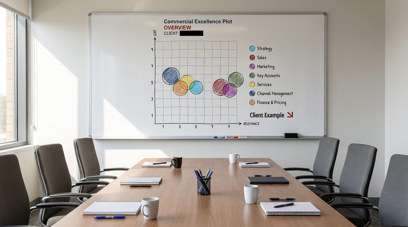 Commercial excellence plot on a boardroom whiteboard